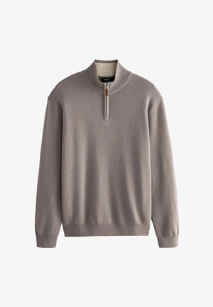 Light gray pullover sweater with a half-zip collar and ribbed cuffs. Soft texture and casual design, featuring a small leather accent near the zipper.