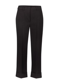 Pantalon de costume noir à jambes droites avec ourlets revers et passants pour ceinture, conçu pour un cadre formel ou professionnel.