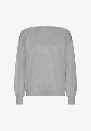 Šviesiai pilkas megztinis su plačiu iškirpimu, nukritusiomis pečių linijomis, ilgomis rankovėmis ir gumuotais rankogaliais bei apvadu. Minkšta megztinė tekstūra visame paviršiuje.