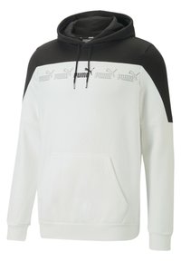 Felpa bianca e nera con tasca a marsupio. Presenta un collo alto, cordini e il logo "PUMA" ripetuto in nero sul petto.
