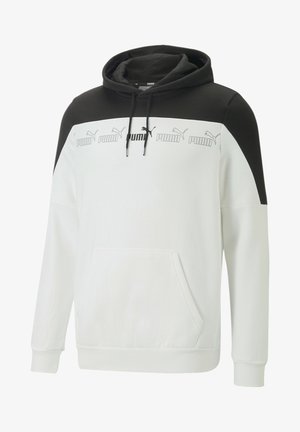 Bílá a černá mikina s klokaní kapsou. Vybavena vysokým límcem, šňůrkami a opakovaným logem "PUMA" v černé barvě na hrudníku.