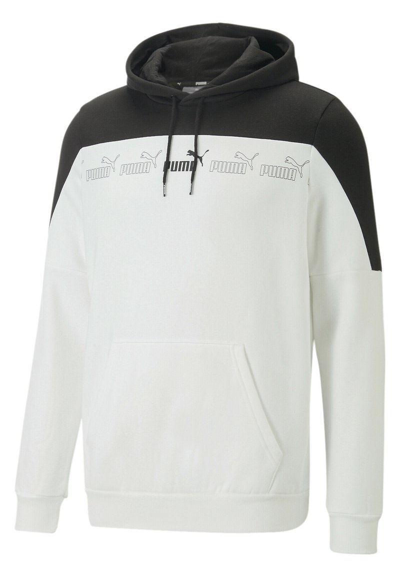 Felpa bianca e nera con tasca a marsupio. Presenta un collo alto, cordini e il logo "PUMA" ripetuto in nero sul petto.