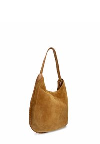 Brown suede shoulder bag with a curved shape, braided strap, and smooth leather accents. Soft texture with a minimalistic design.