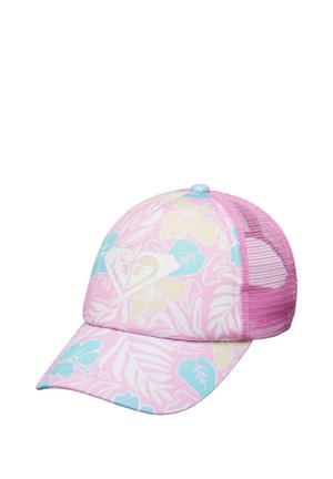 Rosa Baseballkappe aus Mesh mit pastellblauem und gelbem Blumenmuster sowie weißem herzförmigem Logo auf der Vorderseite.