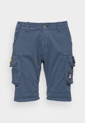 Blauwe cargoshorts van katoen, met meerdere zijzakken, een knoopsluiting en een geborduurd patch op de rechterzak.