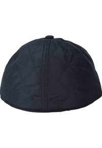 Black quilted fabric flat cap with diamond stitching and a small button on top, shown from the back.