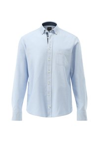 Hellblaue Baumwollhemd mit Knöpfen. Verfügt über einen klassischen Kragen, lange Ärmel, eine Brusttasche und subtile Nähte.