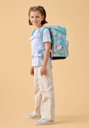 Backpack features a pastel abstract design with shades of blue, pink, and green. Includes multiple straps, front pocket, and circular accent.