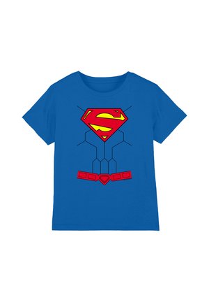 Blue short-sleeve t-shirt with a red and yellow Superman logo and a red belt design printed below on the front.