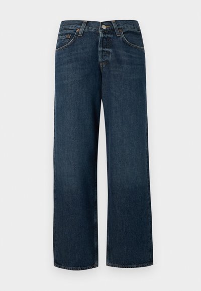 Dark blue denim jeans with a straight cut, five pockets, and metal hardware. Features a slight fade and clean hem.