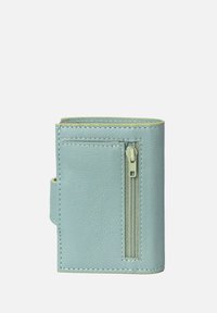 Light blue leather wallet with a zippered compartment, contrasting yellow interior, and neat stitching. Compact design with a single strap.