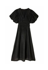 Schwarzes Midi-Kleid mit puffärmel, tiefem V-Ausschnitt und geraffter Taille. Texturiertes Gewebe mit fließender Silhouette. Keine sichtbaren Muster oder Akzente.