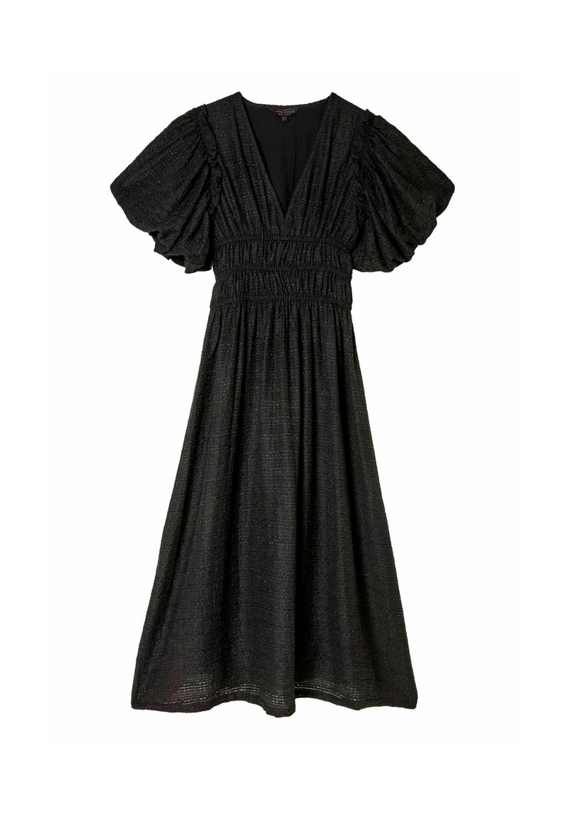 Schwarzes Midi-Kleid mit puffärmel, tiefem V-Ausschnitt und geraffter Taille. Texturiertes Gewebe mit fließender Silhouette. Keine sichtbaren Muster oder Akzente.