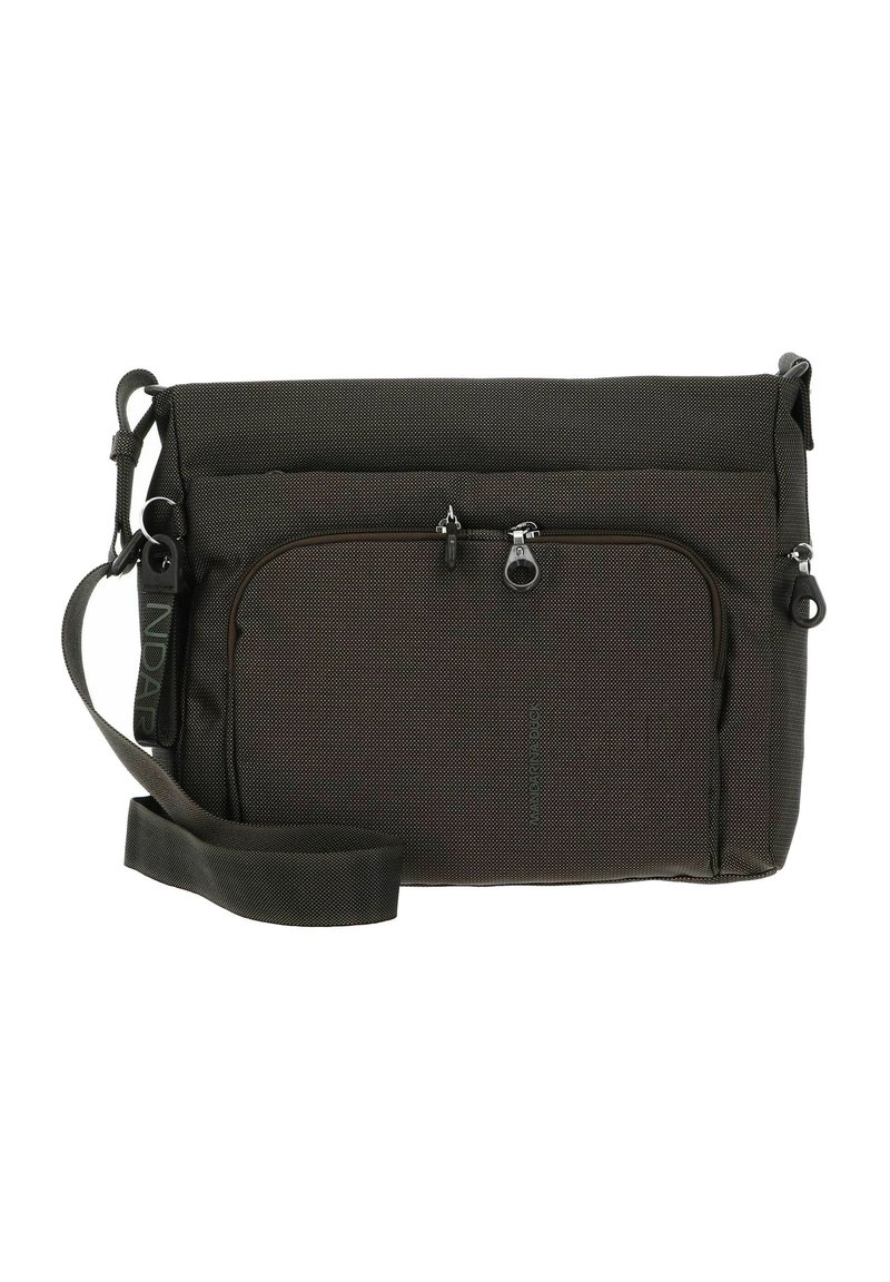 Borsa a tracolla verde scuro in tessuto texturizzato, con tasca frontale con zip, tracolla regolabile e dettaglio del logo sulla tracolla.