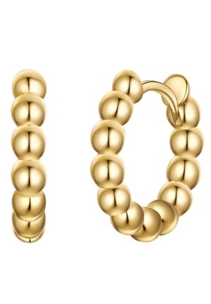 Goldene Hoop-Ohrringe mit einem Design aus glatten, runden Perlen, die ein strukturiertes Erscheinungsbild erzeugen. Sie sind mit einem schwenkbaren Verschluss ausgestattet.