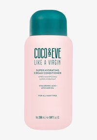 Botella de acondicionador crema en plástico rosa con tapa verde azulado. Presenta una etiqueta con texto en verde oscuro que detalla los ingredientes y el uso. 288 ml.