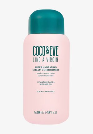 Creme-Conditioner-Flasche aus pinkem Kunststoff mit einem türkisfarbenen Deckel. Auf dem Etikett steht in dunkelgrüner Schrift eine Beschreibung der Inhaltsstoffe und Anwendung. 288 ml.