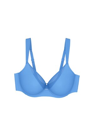 Sininen tukikaarella varustettu rintaliivi, jossa säädettävät olkaimet ja kupin reunoilla verkkomainen yksityiskohta valkoisella taustalla.