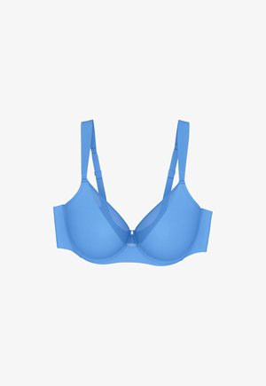 Niebieski biustonosz z fiszbinami, regulowanymi ramiączkami i siateczkowymi wstawkami w okolicach krawędzi miseczek na białym tle.