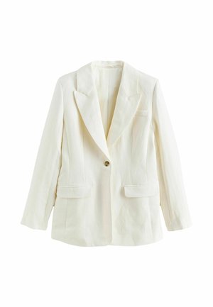 Jednoprzyciskowa, długorękawowa, kremowo-biała marynarka z klapami z wycięciem oraz dwoma kieszeniami z patkami z przodu.