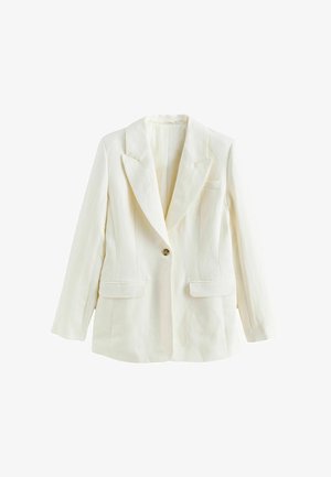 Jednoprzyciskowa, długorękawowa, kremowo-biała marynarka z klapami z wycięciem oraz dwoma kieszeniami z patkami z przodu.