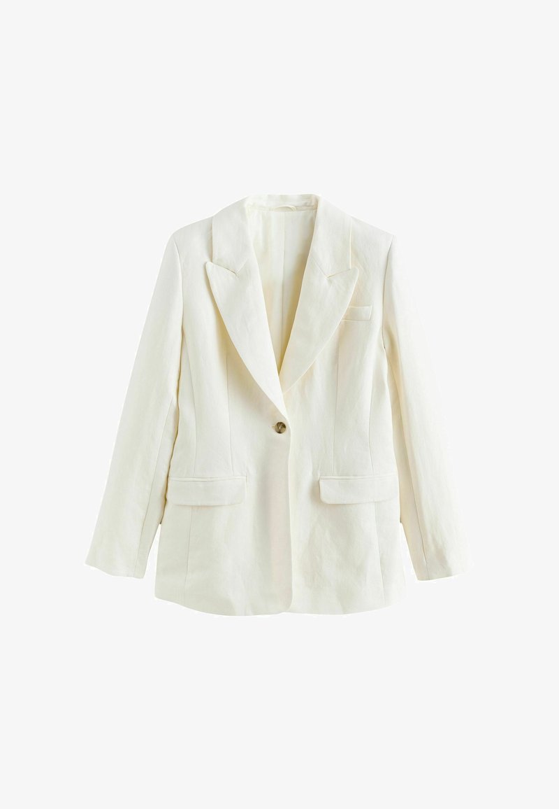 Blazer à manches longues, blanc cassé, à un seul bouton, avec des revers crantés et deux poches à rabat à l'avant.