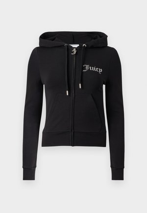 Sweat à capuche noir zippé avec poches avant, capuche avec cordon de serrage et texte "Juicy" en strass sur la poitrine gauche.