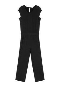 Mono negro con escote en V, mangas cortas y un detalle de ojal en la parte posterior. Fabricado en un tejido suave con una cintura ajustada y pantalones de pierna ancha.