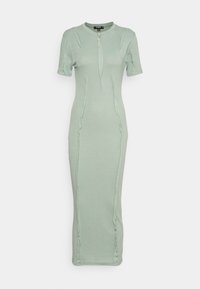 Světle zelené midi šaty s krátkými rukávy, kulatým výstřihem a předním zapínáním na knoflíky. Obsahují vertikální švy pro přizpůsobený vzhled.