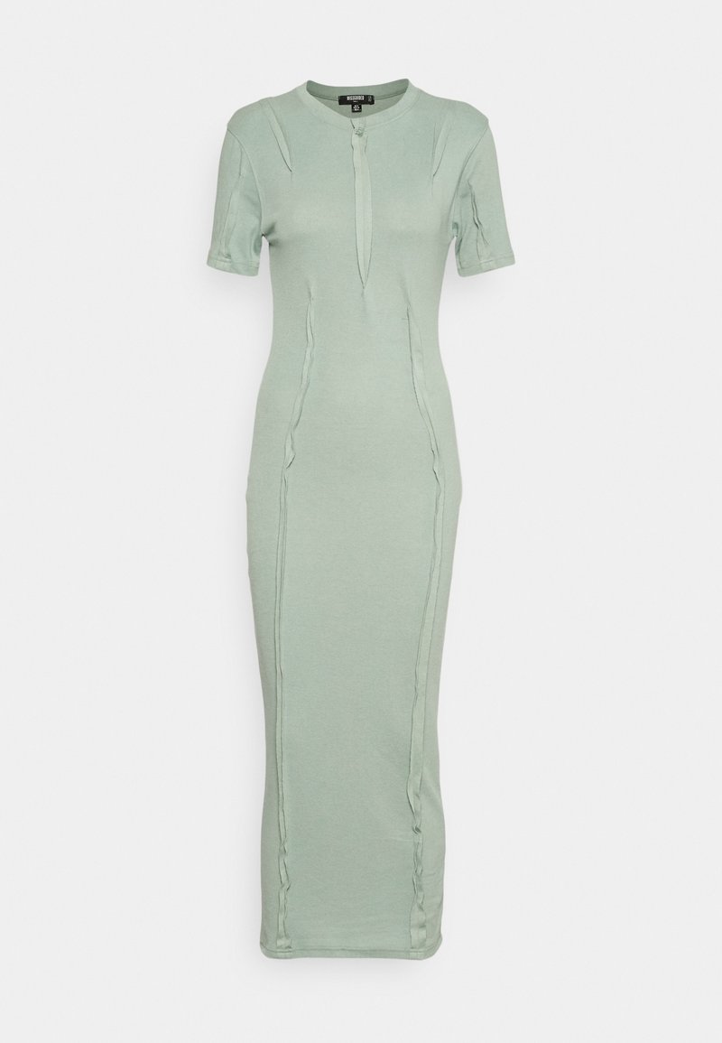 Světle zelené midi šaty s krátkými rukávy, kulatým výstřihem a předním zapínáním na knoflíky. Obsahují vertikální švy pro přizpůsobený vzhled.