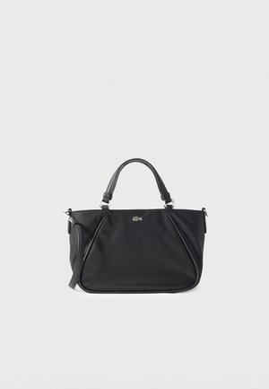 Black leather handbag with two top handles, a detachable shoulder strap, and a small crocodile logo on the front center.