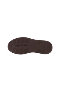 Suela de zapato de goma marrón con patrón de agarre texturizado, que presenta el texto en relieve "U.S. POLO ASSN" y un diseño de logotipo.