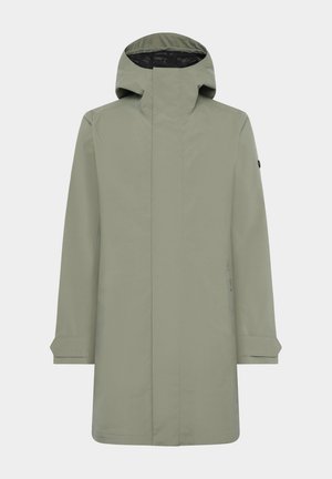 Hellgrüne wasserdichte Jacke mit Kapuze, gerader Schnitt, Reißverschluss und Seitentaschen. Glatte Textur, minimalistisches Design.