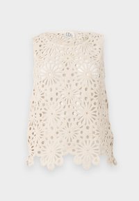 Top in cotone all'uncinetto color crema con motivi floreali, caratterizzato da un design a trama aperta, orlo scallop e senza maniche.