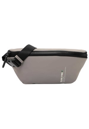 Gray waist bag with black adjustable strap and zipper, labeled "SURI FREY," made from recycled material.