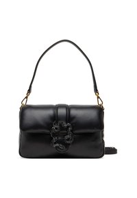 Borsa a mano in pelle nera con un design strutturato, caratterizzata da un accento in metallo intrecciato e una tracolla staccabile. Texture liscia.