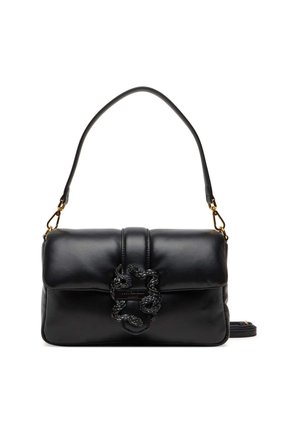 Borsa a mano in pelle nera con un design strutturato, caratterizzata da un accento in metallo intrecciato e una tracolla staccabile. Texture liscia.