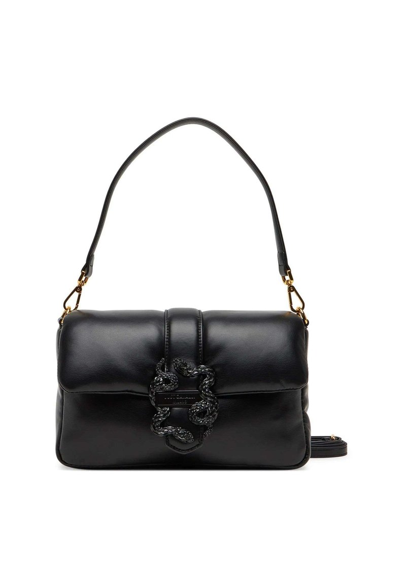 Borsa a mano in pelle nera con un design strutturato, caratterizzata da un accento in metallo intrecciato e una tracolla staccabile. Texture liscia.