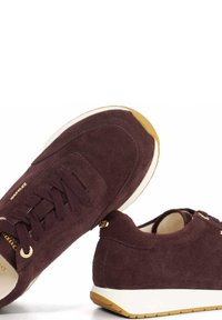 Dark burgundy suede sneakers with a white midsole and gold eyelets, featuring a rounded toe and minimal textured detailing.