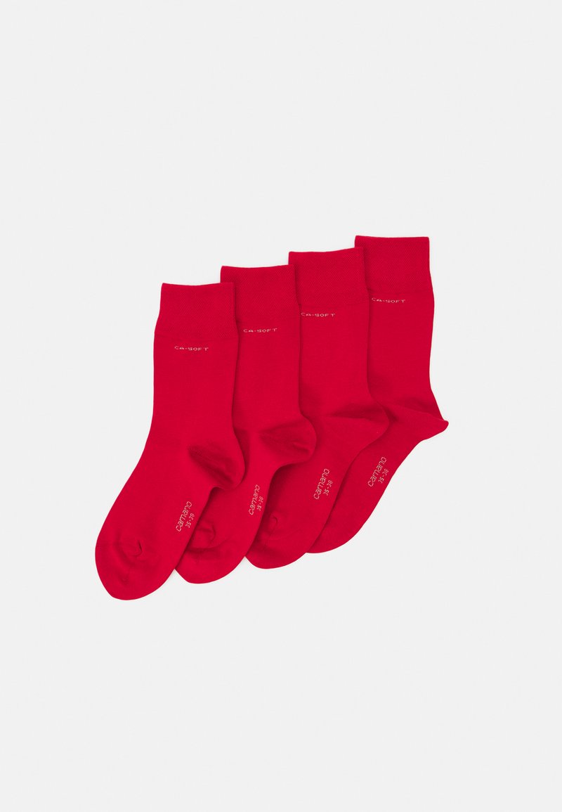 Red cotton socks set of four, with a smooth texture and ribbed cuffs. Each features printed logo and size details on the side.