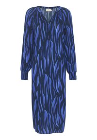 Laivansininen mekko, jossa on abstrakti sininen kuvio, V-kaula-aukko, napitus edessä ja pitkät puffihihat kyynärpäitä kohti kerättyjen hihansuiden kanssa. Sujuva kangas.