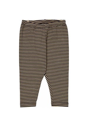 Legginsy w paski w kolorze ciemnogranatowym i beżowym, wykonane z miękkiej tkaniny. Posiadają elastyczną talię i nogawki zwężane z dopasowanym krojem.