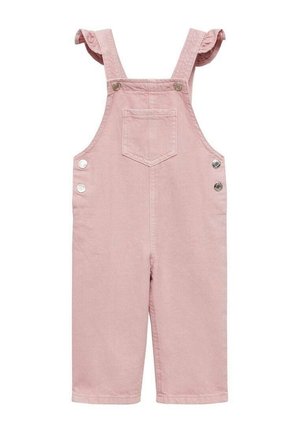Pink toddler overalls with ruffled shoulder straps, a front chest pocket, and metal button closures on sides and straps.
