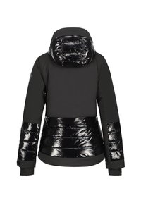 Sort dunjakke med en blank finish på hætten og den nederste del af torsoen. Mat øverste del, lange ærmer og elastiske manchetter for en tæt pasform.