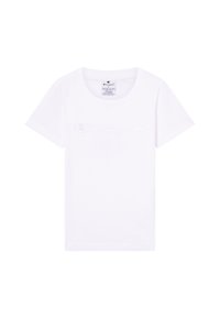Witte katoenen t-shirt met korte mouwen en een ronde halslijn, voorzien van een reliëf "Champion" logo op de voorkant. Effen textuur, casual ontwerp.