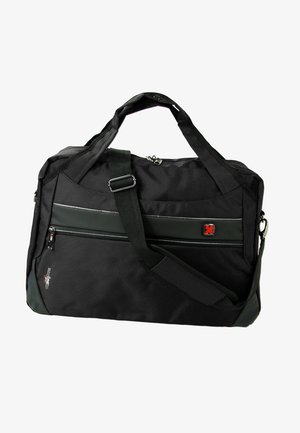 Zwarte sporttas van stevig stof met dubbele handvatten en een afneembare riem. Voorzien van een voorvak met ritssluiting en subtiele accenten.