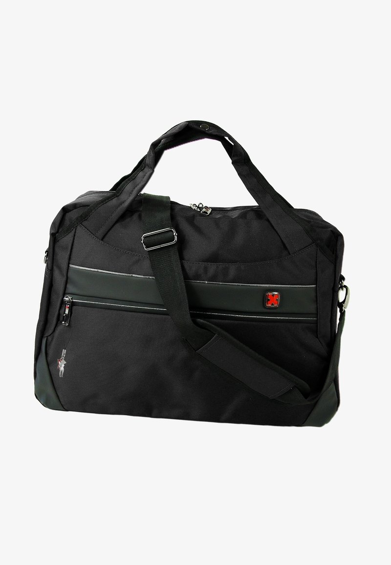 Zwarte sporttas van stevig stof met dubbele handvatten en een afneembare riem. Voorzien van een voorvak met ritssluiting en subtiele accenten.