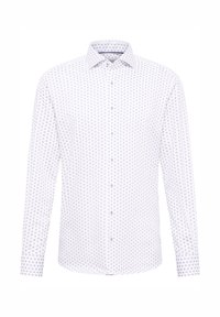 Camicia bianca a maniche lunghe con un piccolo motivo circolare blu e blu navy, dotata di colletto classico e chiusura con bottoni frontale con bottoni visibili.
