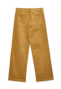 Brown corduroy wide-leg pants with a textured finish, featuring two back pockets and a straight cut. No visible branding or details.