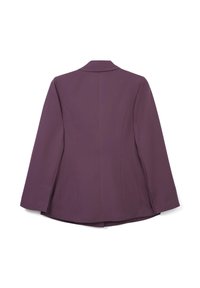 Blazer viola con una vestibilità sartoriale. Caratterizzato da maniche lunghe, colletto a reversal e spalle strutturate. Tessuto liscio con dettagli delle cuciture.